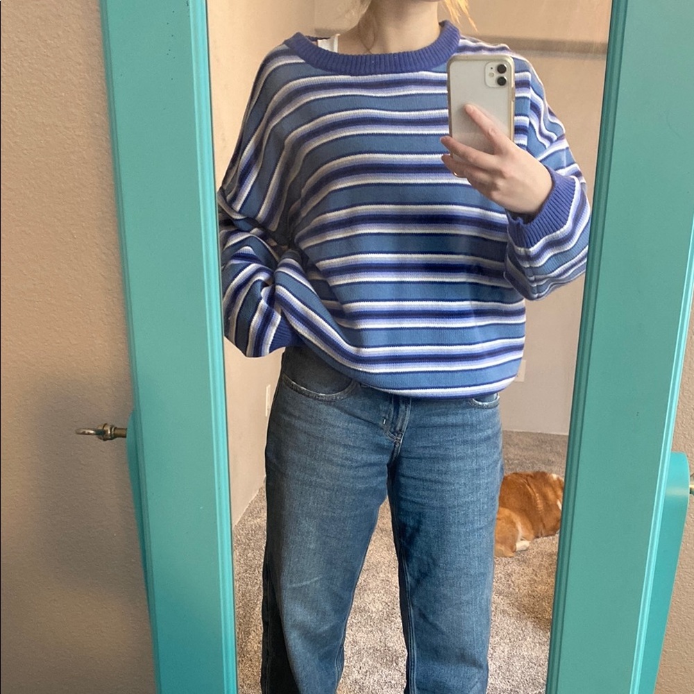 Casual Blue and White Striped Crew Neck Sweater